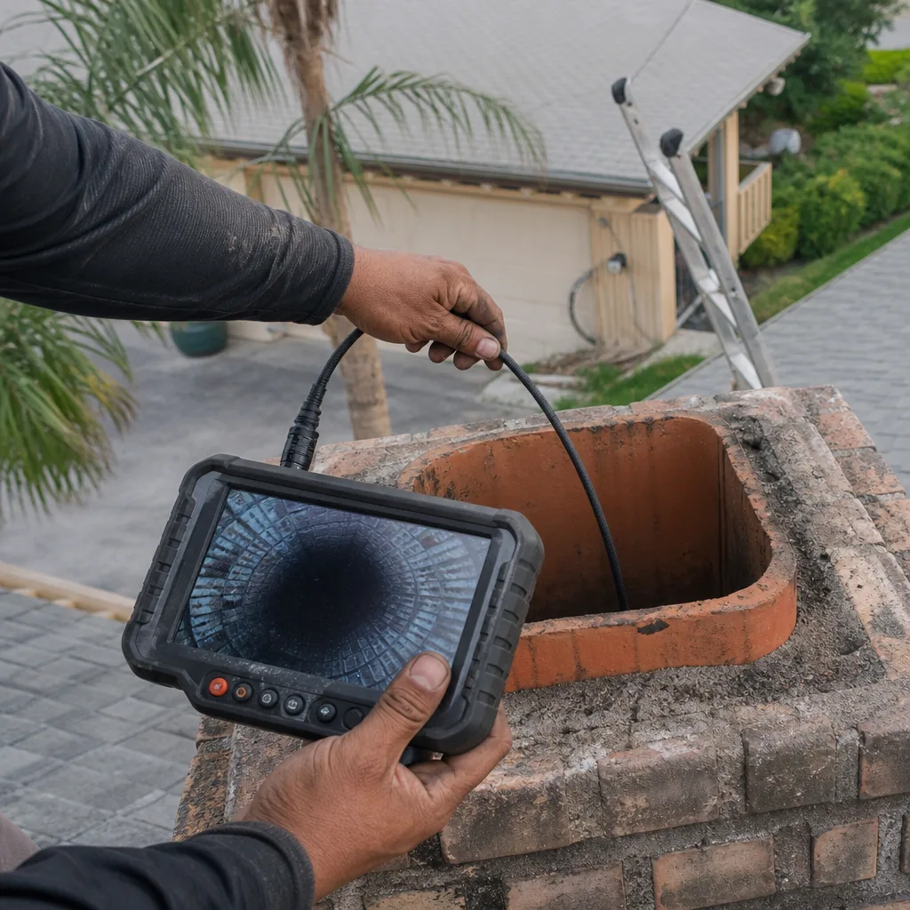 Professional chimney technician using an inspection camera system for fireplace maintenance.