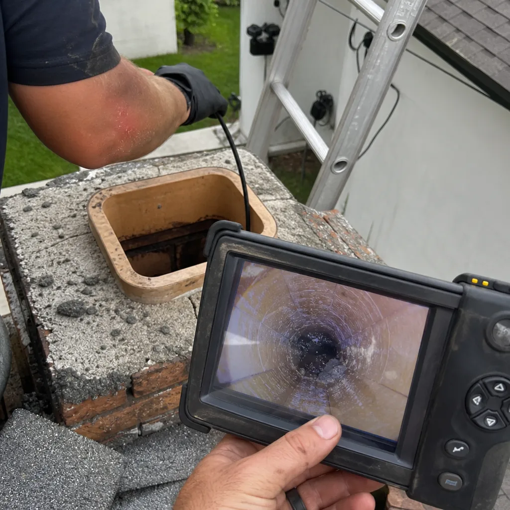 Professional performing a digital chimney flue inspection with a camera system