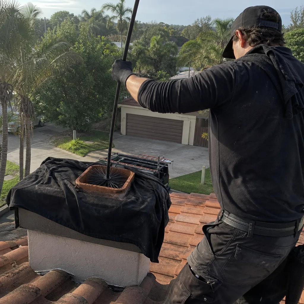Professional chimney sweep cleaning a brick chimney from a roof