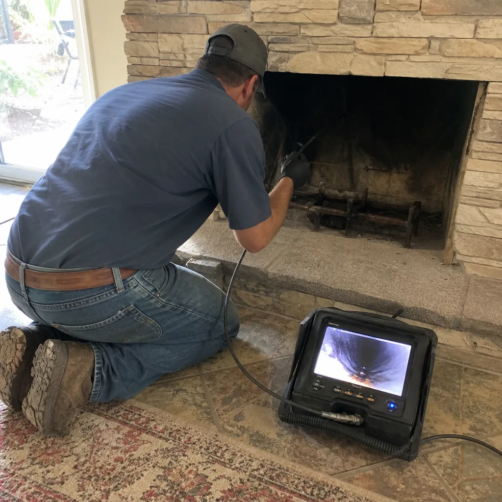 Technician performing a professional fireplace chimney inspection with a digital camera