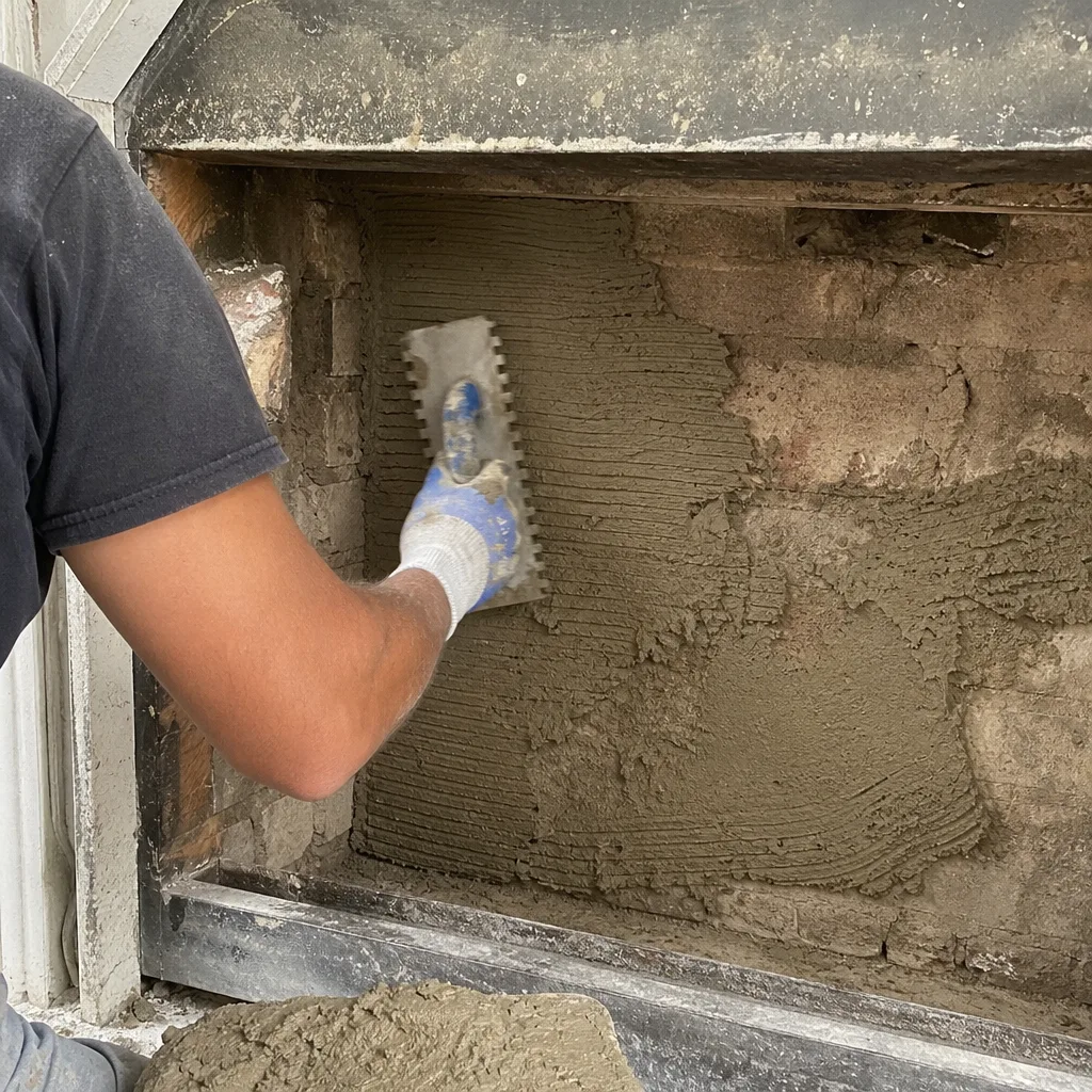 Professional contractor applying mortar to fireplace brick during repair