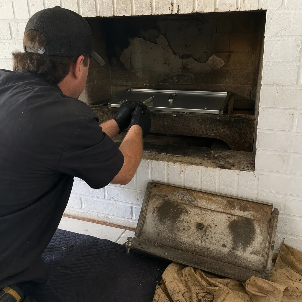 Professional technician repairing and servicing a residential fireplace interior